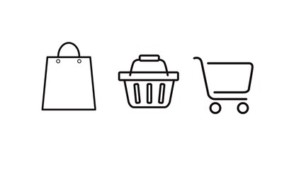 Black and White Shopping Icon Set, with Shopping Bags and Carts. Vector Isolated Illustration