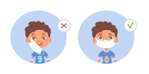 Boy wear protective face mask with proper and wrong way set of medical infographics