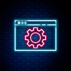 Glowing neon line Browser setting icon isolated on brick wall background. Adjusting, service, maintenance, repair, fixing. Colorful outline concept. Vector