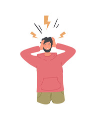 Mental Health Problem concept. Young male character with headache, migraine and negative emotions. Male character with psychological disorder or anxiety. Cartoon modern flat vector illustration