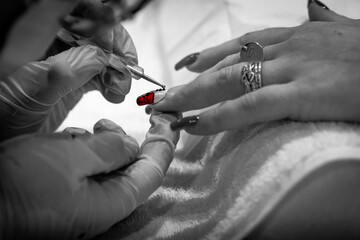 Closeup shot woman making colored manicure to woman in beauty salon.