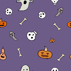 Cute Halloween seamless pattern. Vector background with bone, pumpkin, skull, ghost.
