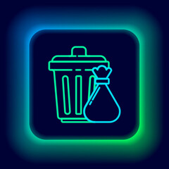 Glowing neon line Trash can and garbage bag icon isolated on black background. Garbage bin sign. Recycle basket icon. Office trash icon. Colorful outline concept. Vector