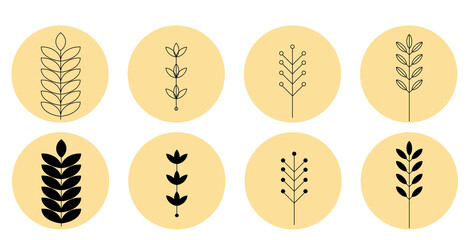 Set of abstract plants.Silhouette.Collection hand drawn, botanical and healing isolated plants.Herbs design template.Twigs and leaves with abstract colorful forms. Pastel