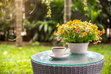 Coffee cup  with flower in vase on table in the garden on morning summer.