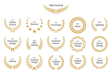 Gold laurel wreath with black Film Awards design elements. Premium insignia, traditional victory symbol on white background. Triumph, win poster, banner layout. Frame, border template.