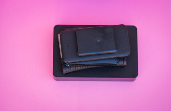 High angle view of harddrives stacked