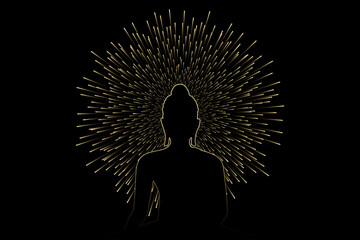 Buddha statue silhouette line with gold light lines aura radius head isolated on black background.
