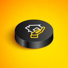 Isometric line Realtor icon isolated on yellow background. Buying house. Black circle button. Vector
