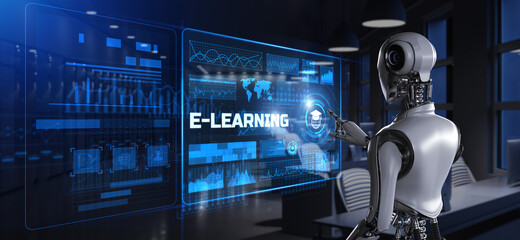 E-learning EdTech education technology concept. Robot pressing button on screen 3d render.