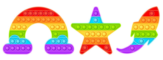 Rainbow popular popit shaped as rainbow, rocket ship and star. Bubble pop it fidget vector.Popit fidget toy.Pop it sensory vector toy. 3d realistic antistress fidgeting toy - obrazy, fototapety, plakaty