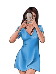 A girl with brown hair and in a blue dress takes a selfie through a mirror. A teenage girl with a mobile phone in her hands. Illustration