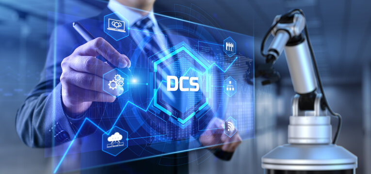 DCS Distributed control system SCADA. 3d render cobot robotic arm.