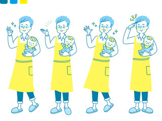 赤ちゃんを抱っこする若いパパの笑顔の表情セット