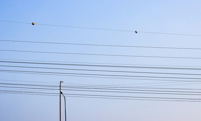 High voltage electric transmission lines above the power station under the clean blue sky