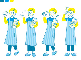 赤ちゃんを抱っこする若いパパの笑顔の表情セット