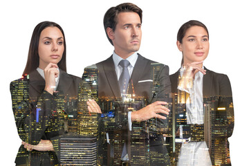 Three positive thoughtful business people consultants in suits. Two businesswoman and one businessman in the middle. Asia corporate lifestyle, young professionals. Night Singapore city view