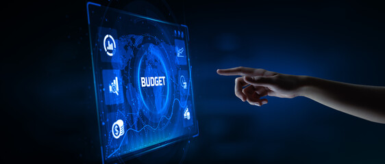 Budget Budgeting Financial management accounting business concept. Hand pressing button on screen.
