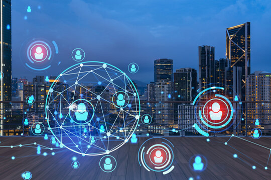 Rooftop with wooden terrace, Kuala Lumpur night skyline. Recruitment process to hire candidates for international business consulting. HR, networking digital icons. City downtown. Double exposure.