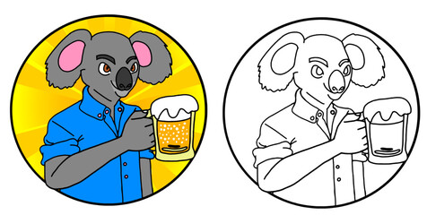 Koala character in a blue shirt holding a large beer glass in his hand inside a yellow circle. vector illustration.