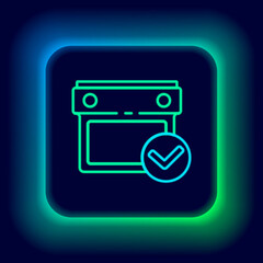 Glowing neon line Calendar with check mark icon isolated on black background. Colorful outline concept. Vector