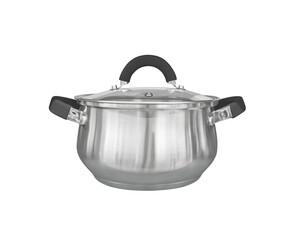 Stainless steel cooking pot with glass lid isolated on white background