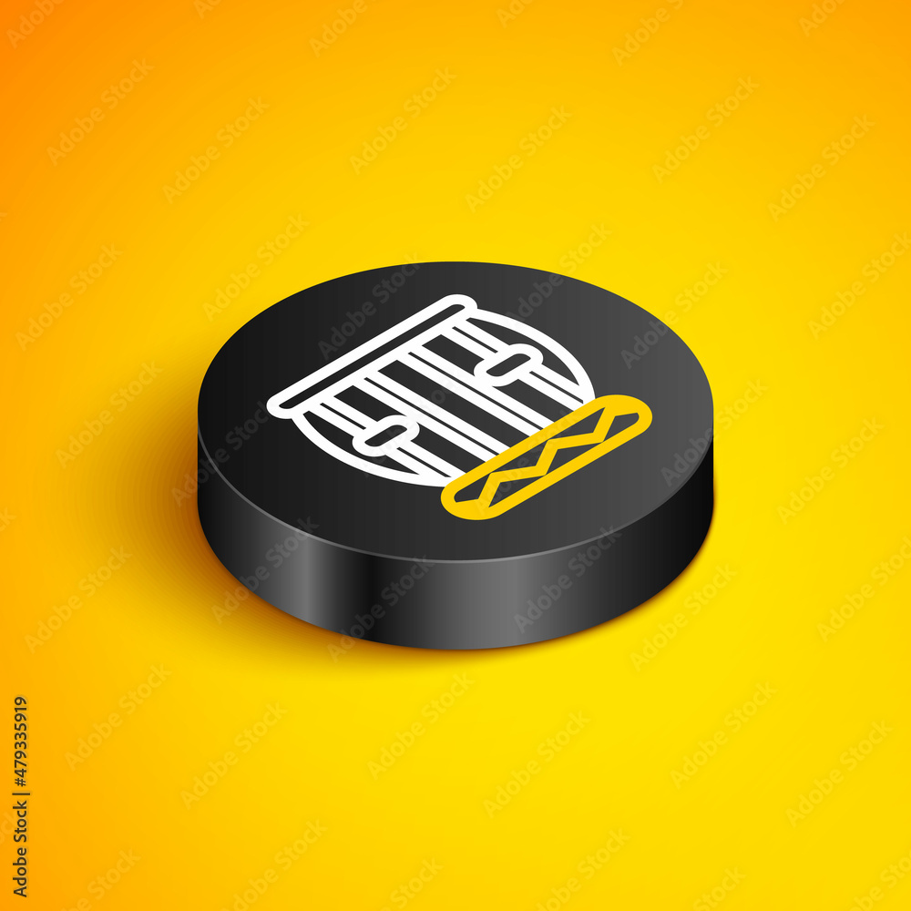 Poster Isometric line Indian musical instrument tabla icon isolated on yellow background. Black circle button. Vector