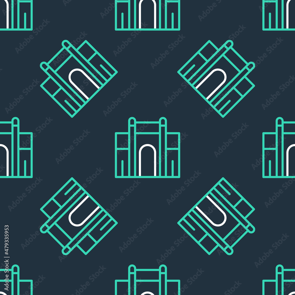 Sticker Line India Gate in New Delhi, India icon isolated seamless pattern on black background. Gate way of India Mumbai. Vector