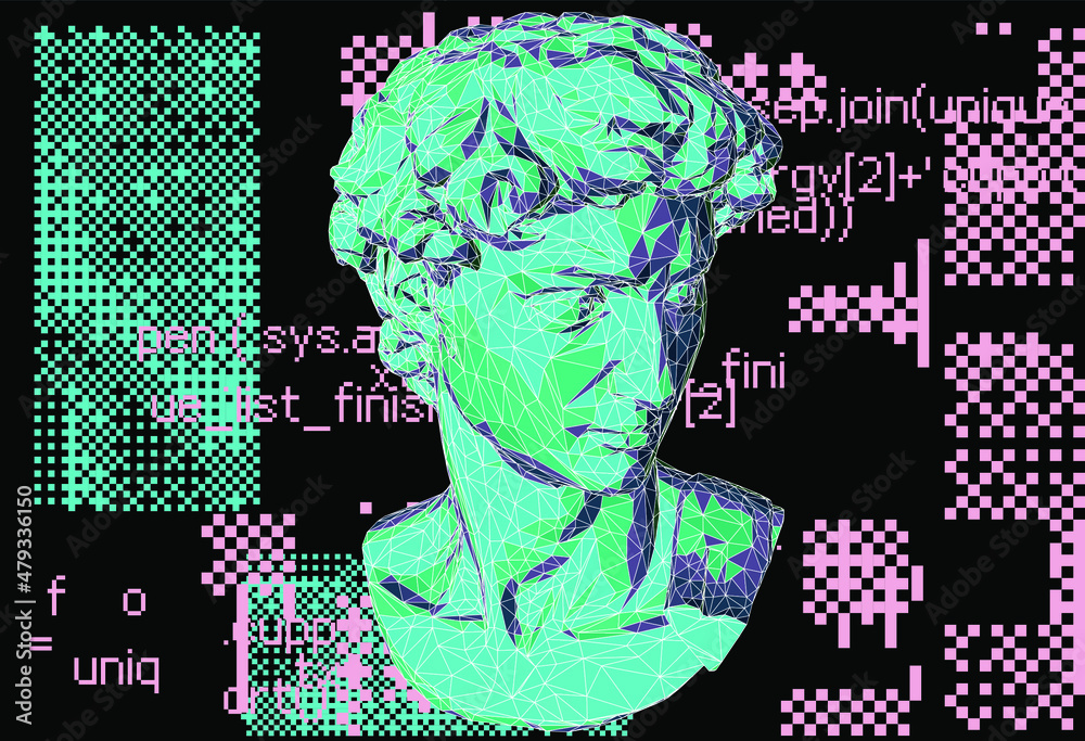 Aufkleber 3D low poly model of a bust sculpture of a human head on a dark background with lines of random program source code.