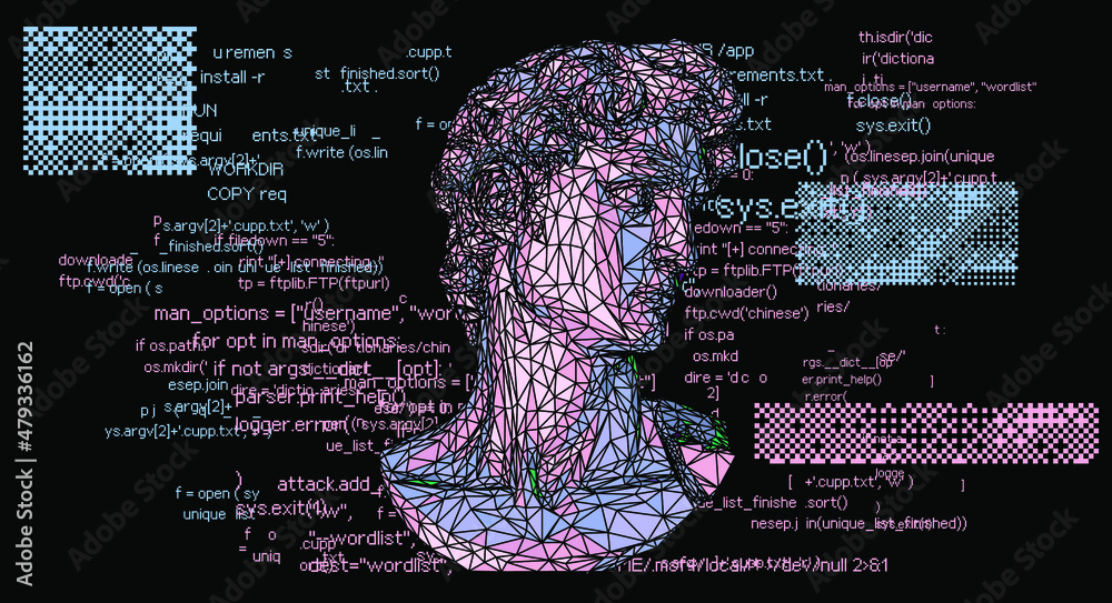 Aufkleber 3D low poly model of a bust sculpture of a human head on a dark background with lines of random program source code.
