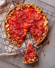 Sweet fruit cake, delicious baked dessert with blood oranges