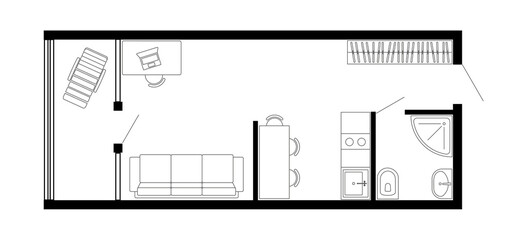 Apartment floor plan. Two bedroom apartment. Vector architecture plan of condominium, flat, house. Interior design elements kitchen, bedroom, bathroom furniture. 2D 2 bedroom apartment floor plan.