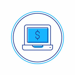 Filled outline Laptop with dollar icon isolated on white background. Sending money around the world, money transfer, online banking, financial transaction. Vector