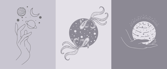 A collection of boho-style posters with cosmic symbols on textured paper. Abstractions with palm, planets, stars, cosmic fishes and abstract figures. © Gala