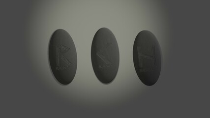 Three scandinavian oval runes made of stone devination, placed over white background with mysterious lightning