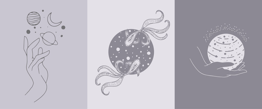 A collection of boho-style posters with cosmic symbols on textured paper. Abstractions with palm, planets, stars, cosmic fishes and abstract figures. © Gala