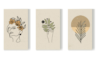 Fototapeta na wymiar A collection of boho-style posters on textured paper. Abstractions with leaves, a branch, the palm of a hand, abstract figures.
