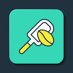 Filled outline Spatula with coffee grain icon isolated on blue background. Coffee beans. Turquoise square button. Vector