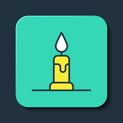 Filled outline Burning candle in candlestick icon isolated on blue background. Cylindrical candle stick with burning flame. Turquoise square button. Vector