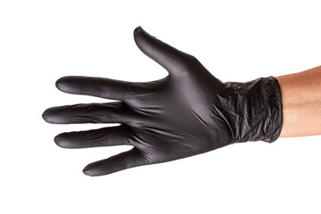 Obraz premium Hand in black rubber glove isolated on white background. Outstretched hand for handshake, closeup