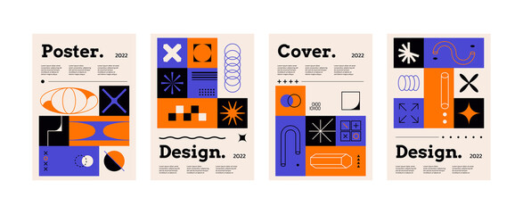 Geometric covers. Minimalistic posters with postmodern shapes and place for text. Vector set