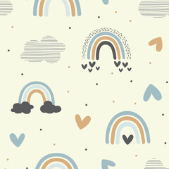 Rainbows and hearts pastel seamless pattern. Rainbow with clouds hand drawn doodle cute baby or kids print.