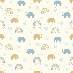 Obraz premium Rainbows and elephants seamless pattern. Rainbow pastel color hand drawn doodle cute baby or kids print.