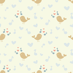 Cute bird and music notes seamless pattern. Colorful songbirds print for paper or fabric.