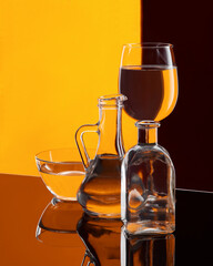 Various glassware with water on a colorful background. The dishes are on a glossy surface.