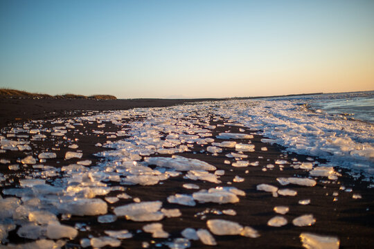 Iceland, Eyrarbakki, black beach with ice