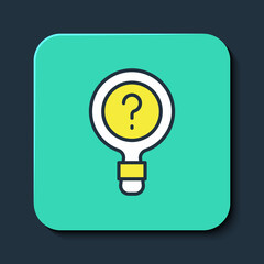 Filled outline Unknown search icon isolated on blue background. Magnifying glass and question mark. Turquoise square button. Vector