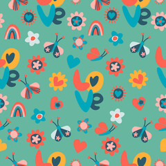 Seamless pattern with words Love, multicolored flowers, hearts, butterflies, rainbows, sun. Retro 60s, 70s design for gift wrap, textile, home decor. Love, Valentines Day concept