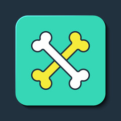 Filled outline Crossed bones icon isolated on blue background. Pets food symbol. Happy Halloween party. Turquoise square button. Vector