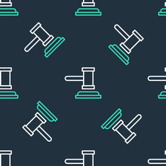 Obraz premium Line Judge gavel icon isolated seamless pattern on black background. Gavel for adjudication of sentences and bills, court, justice. Auction hammer. Vector